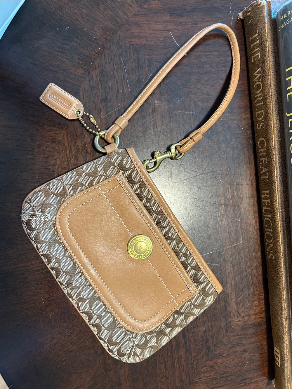 Coach Brown Signature Canvas & Tan Leather Wristlet